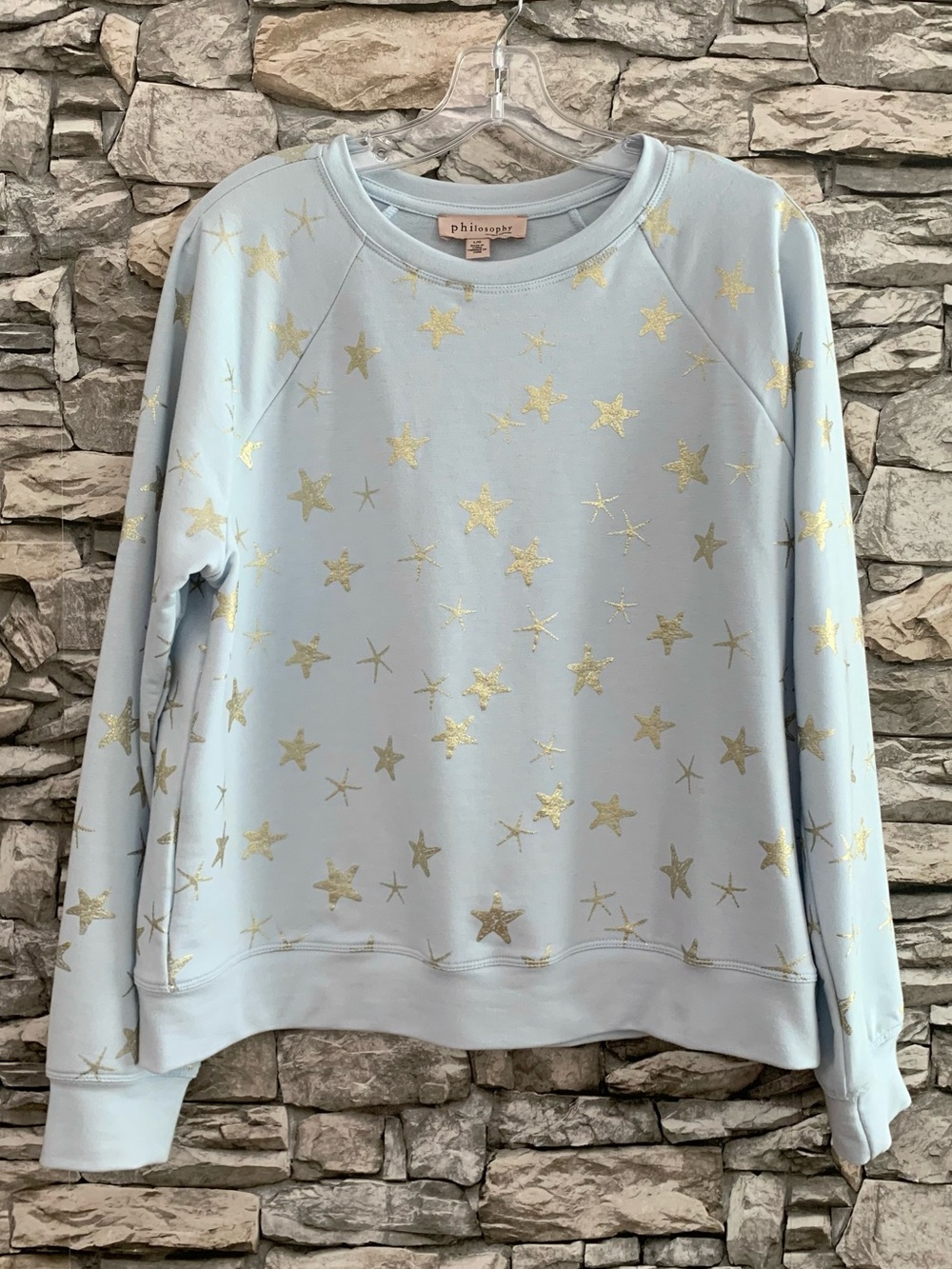 #01 Philosophy Powder Blue Gold Metallic Stars Sweatshirt Blouse Shirt Top Large